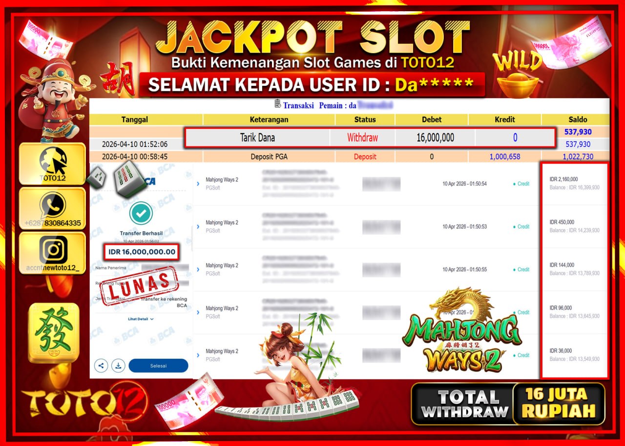 HANYA DI TOTO12 JP PASTI DI BAYAR LUNAS DAN CEPAT!!!!!! JACKPOT SLOT GAME (MAHJONG WAYS 2) Rp.16.000.000!!!!