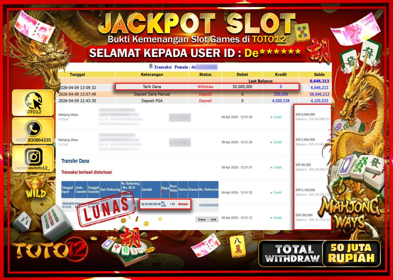 HANYA DI TOTO12 JP PASTI DI BAYAR LUNAS DAN CEPAT!!!!!! JACKPOT SLOT GAME (MAHJONG WAYS) Rp.50.000.000!!!!