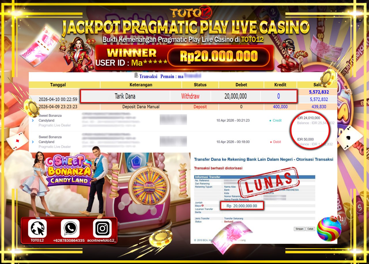 HANYA DI TOTO12 JP PASTI DI BAYAR LUNAS DAN CEPAT!!!!!! JACKPOT SLOT GAME (SWEET BONANZA CANDYLAN) Rp.20.000.000!!!!