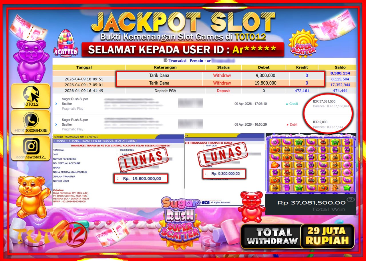 HANYA DI TOTO12 JP PASTI DI BAYAR LUNAS DAN CEPAT!!!!!! JACKPOT SLOT GAME (SUGAR RUSH SUPER SCATTER) Rp.29.100.000!!!!