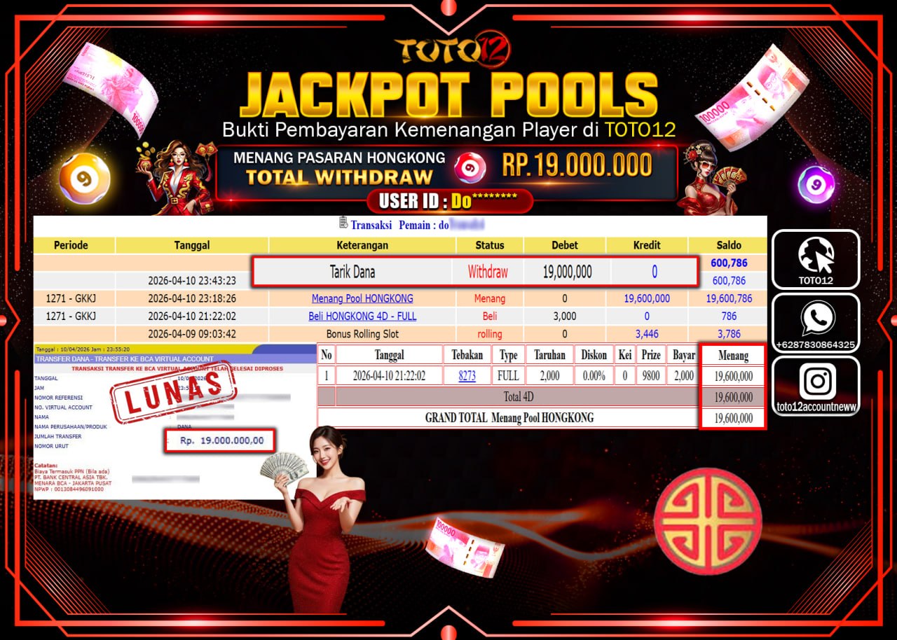 HANYA DI TOTO12 JP PASTI DI BAYAR LUNAS DAN CEPAT!!!!!! JACKPOT POOLS PASARAN( HONGKONG ) Rp.19.000.000!!!!