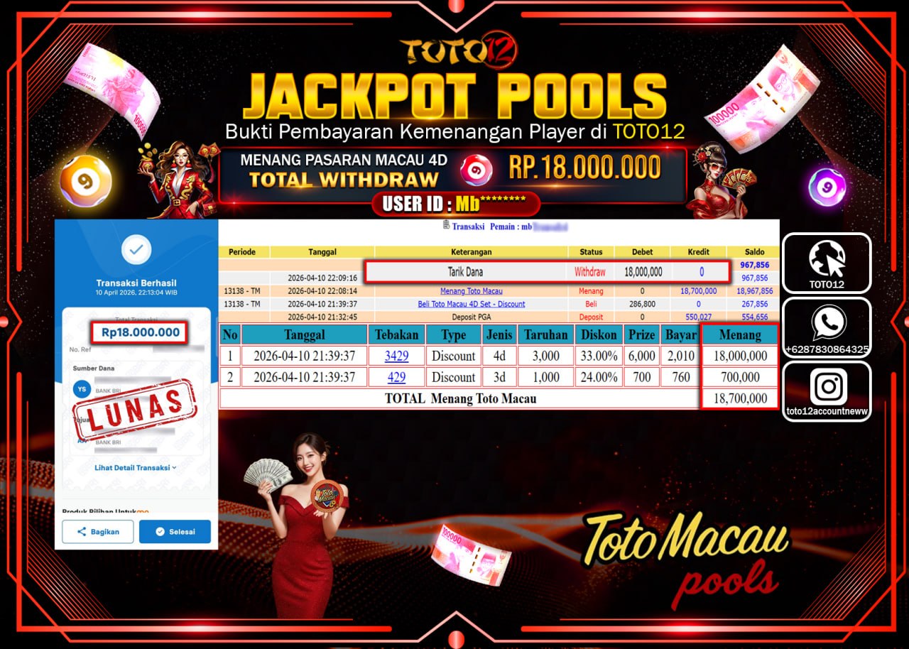 HANYA DI TOTO12 JP PASTI DI BAYAR LUNAS DAN CEPAT!!!!!! JACKPOT POOLS PASARAN(MACAU 4D) Rp.18.000.000!!!!