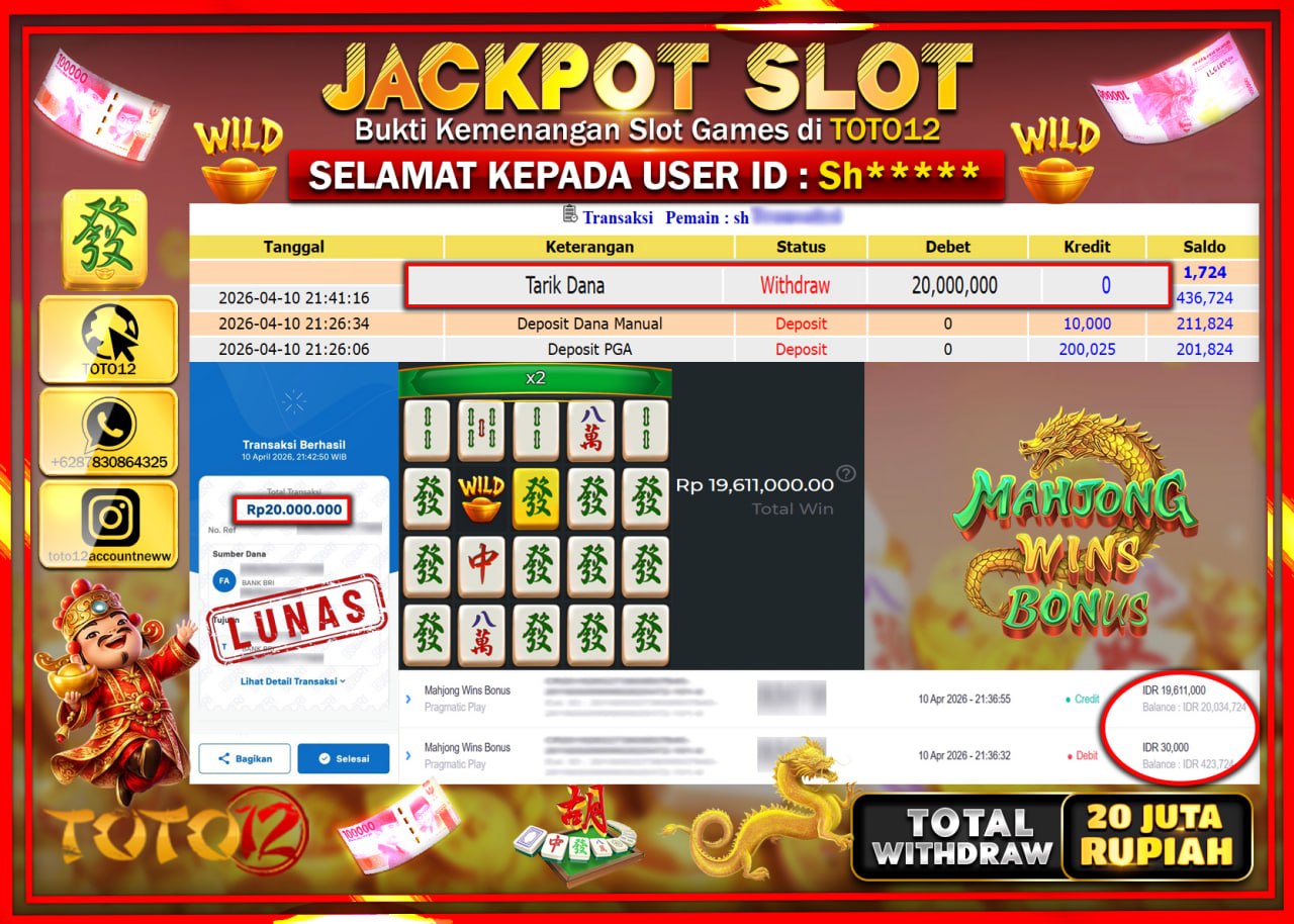 HANYA DI TOTO12 JP PASTI DI BAYAR LUNAS DAN CEPAT!!!!!! JACKPOT SLOT GAME (MAHJONG WINS BONUS) Rp.20.000.000!!!!