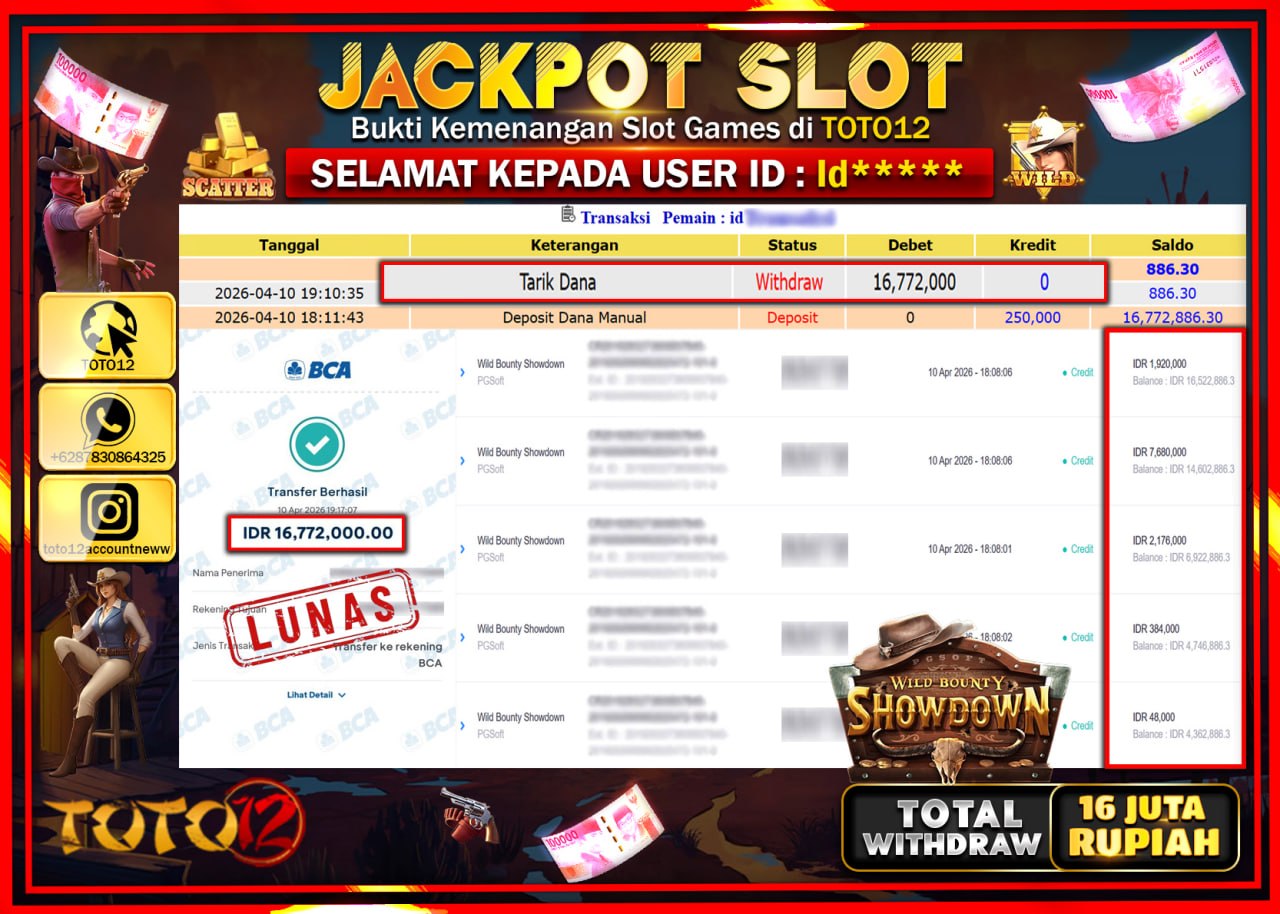 HANYA DI TOTO12 JP PASTI DI BAYAR LUNAS DAN CEPAT!!!!!! JACKPOT SLOT GAME (WILD BOUNTY SHOWDOWN) Rp.16.772.000!!!!