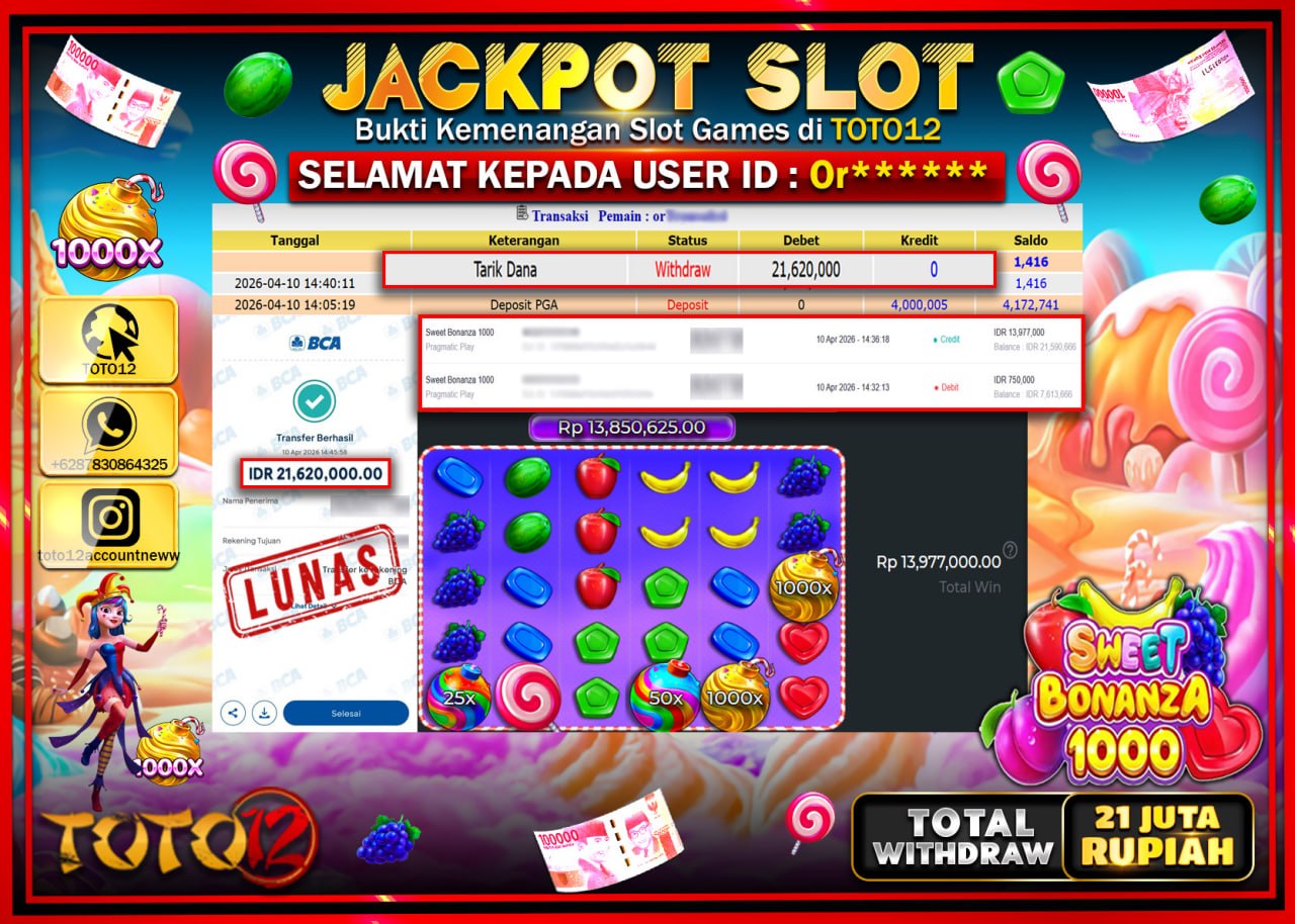 HANYA DI TOTO12 JP PASTI DI BAYAR LUNAS DAN CEPAT!!!!!! JACKPOT SLOT GAME (SWEET BONANZA 1000) Rp.21.620.000!!!!