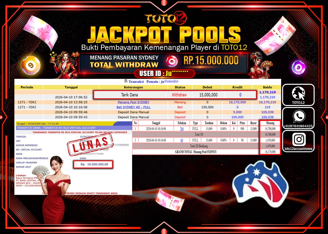 HANYA DI TOTO12 JP PASTI DI BAYAR LUNAS DAN CEPAT!!!!!! JACKPOT POOLS PASARAN( SYDNEY ) Rp.15.000.000!!!!