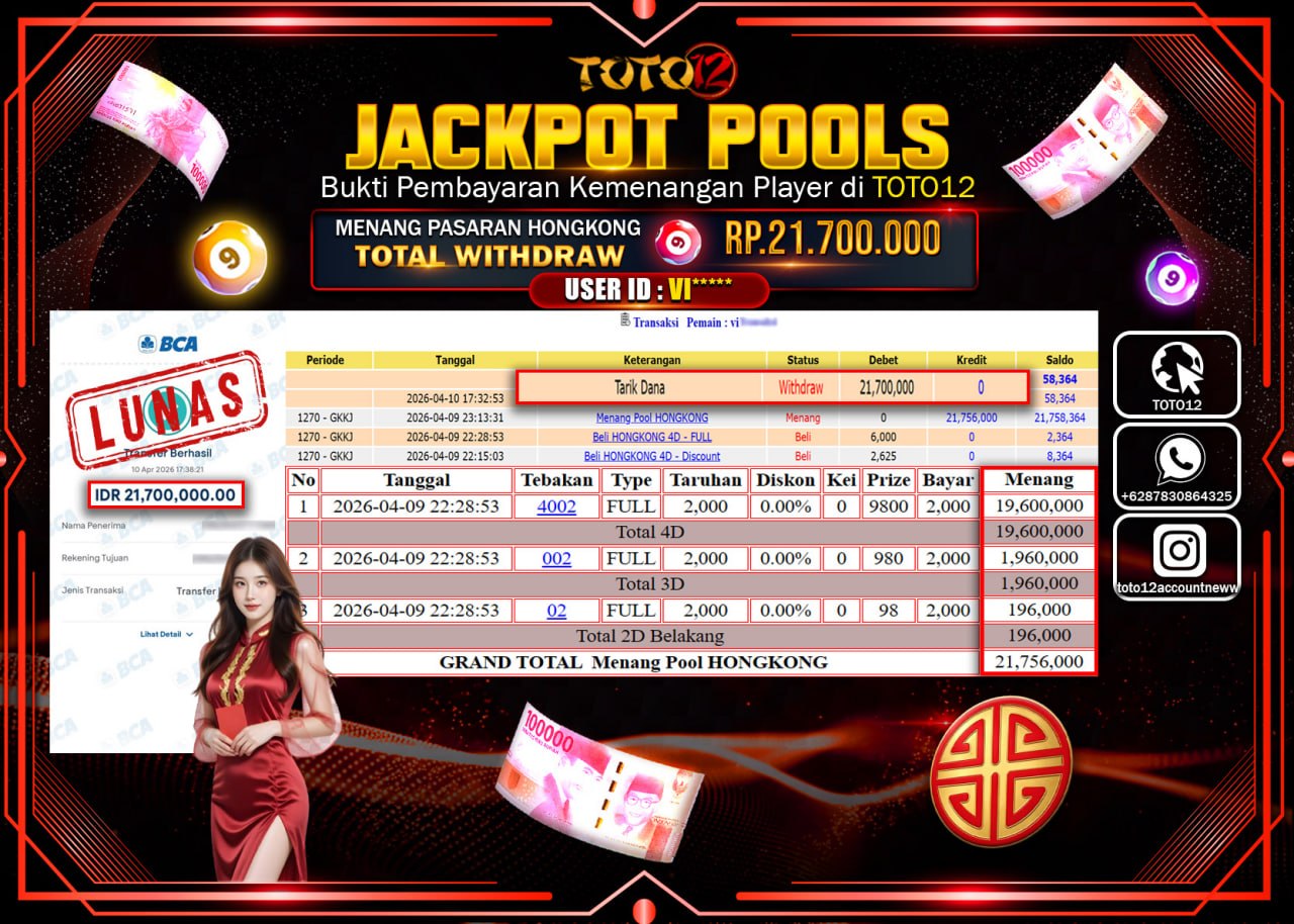 HANYA DI TOTO12 JP PASTI DI BAYAR LUNAS DAN CEPAT!!!!!! JACKPOT POOLS PASARAN( HONGKONG ) Rp.21.700.000!!!!