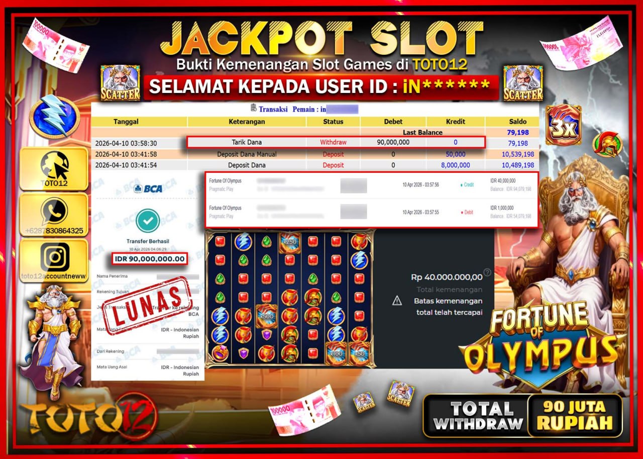 HANYA DI TOTO12 JP PASTI DI BAYAR LUNAS DAN CEPAT!!!!!! JACKPOT SLOT GAME (FORTUNE OF OLYMPUS) Rp.90.000.000!!!!
