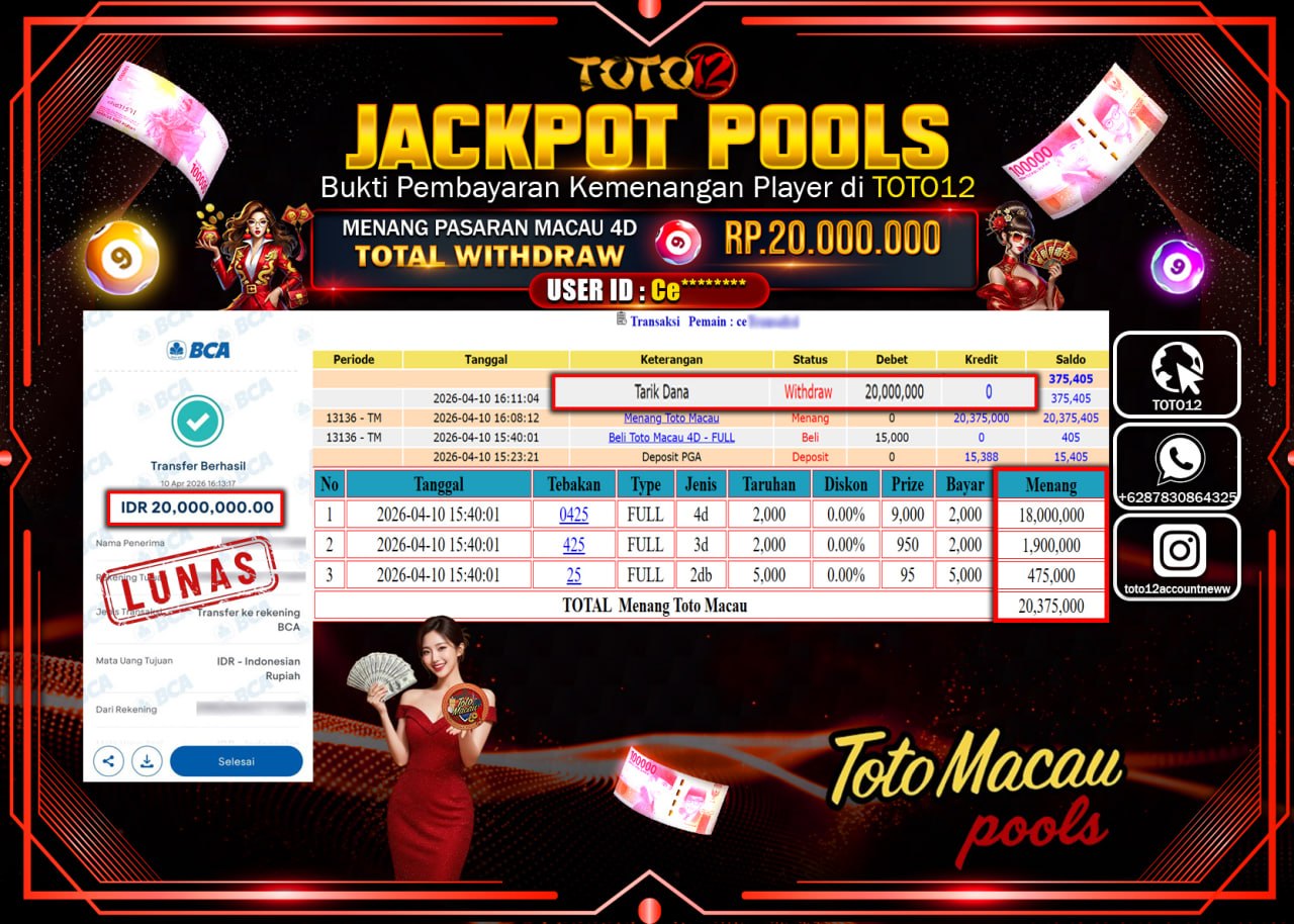 HANYA DI TOTO12 JP PASTI DI BAYAR LUNAS DAN CEPAT!!!!!! JACKPOT POOLS PASARAN(MACAU 4D) Rp.20.000.000!!!!
