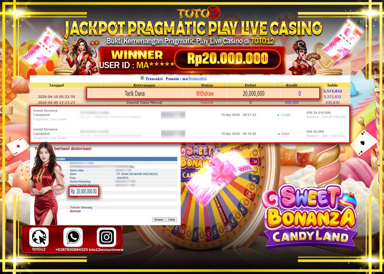 HANYA DI TOTO12 JP PASTI DI BAYAR LUNAS DAN CEPAT!!!!!! JACKPOT PRAGMATIC PLAY LIVE GAME CASINO (SWEET BONANZA CANDLY LAND) Rp.20.000.000!!!!