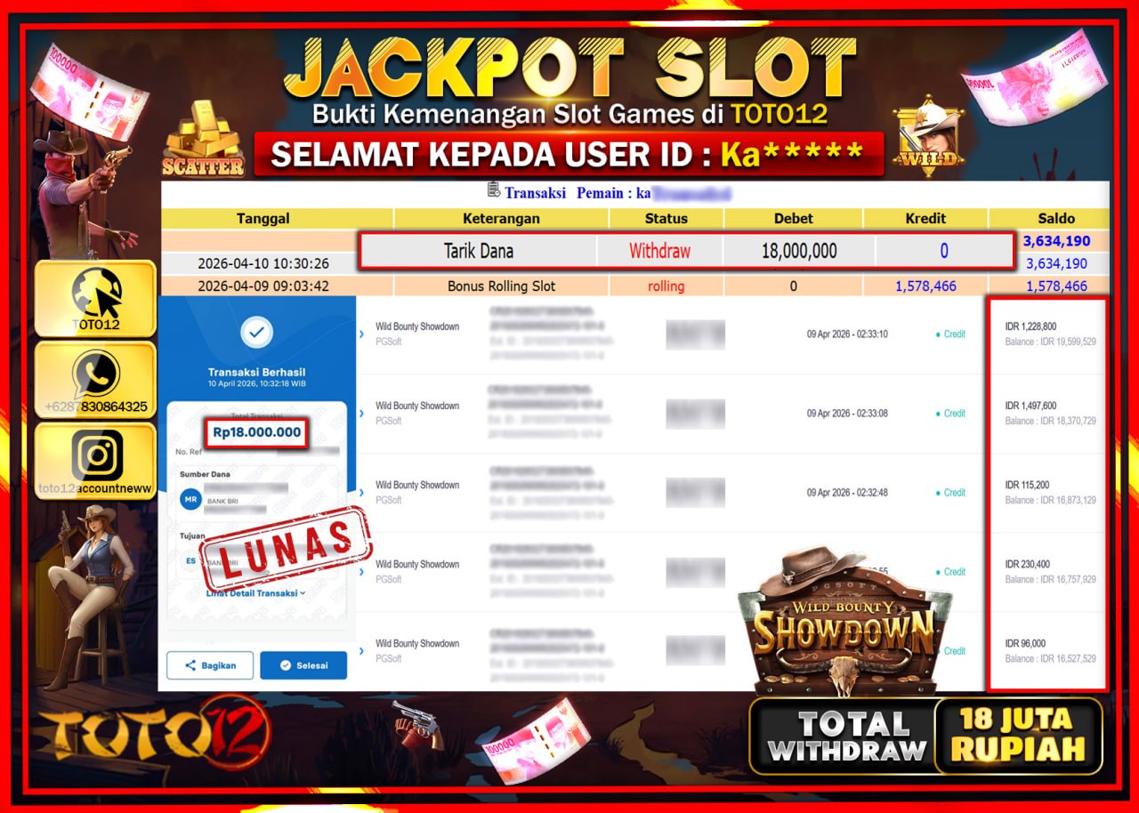 HANYA DI TOTO12 JP PASTI DI BAYAR LUNAS DAN CEPAT!!!!!! JACKPOT SLOT GAME (WILD BOUNTY SHOWDOWN) Rp.18.000.000!!!!