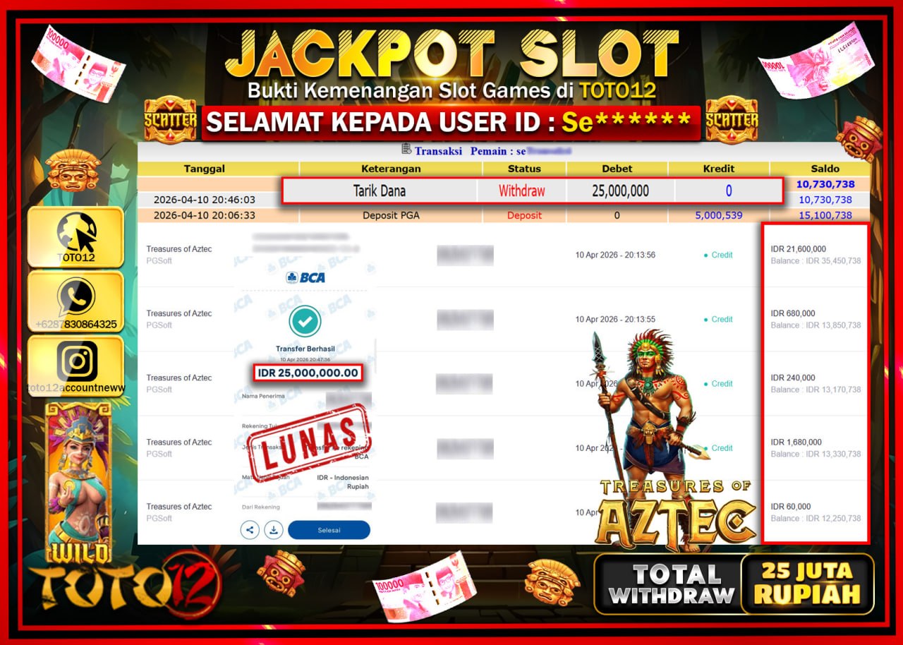 HANYA DI TOTO12 JP PASTI DI BAYAR LUNAS DAN CEPAT!!!!!! JACKPOT SLOT GAME (TREASURES OF AZTEC) Rp.25.000.000!!!!