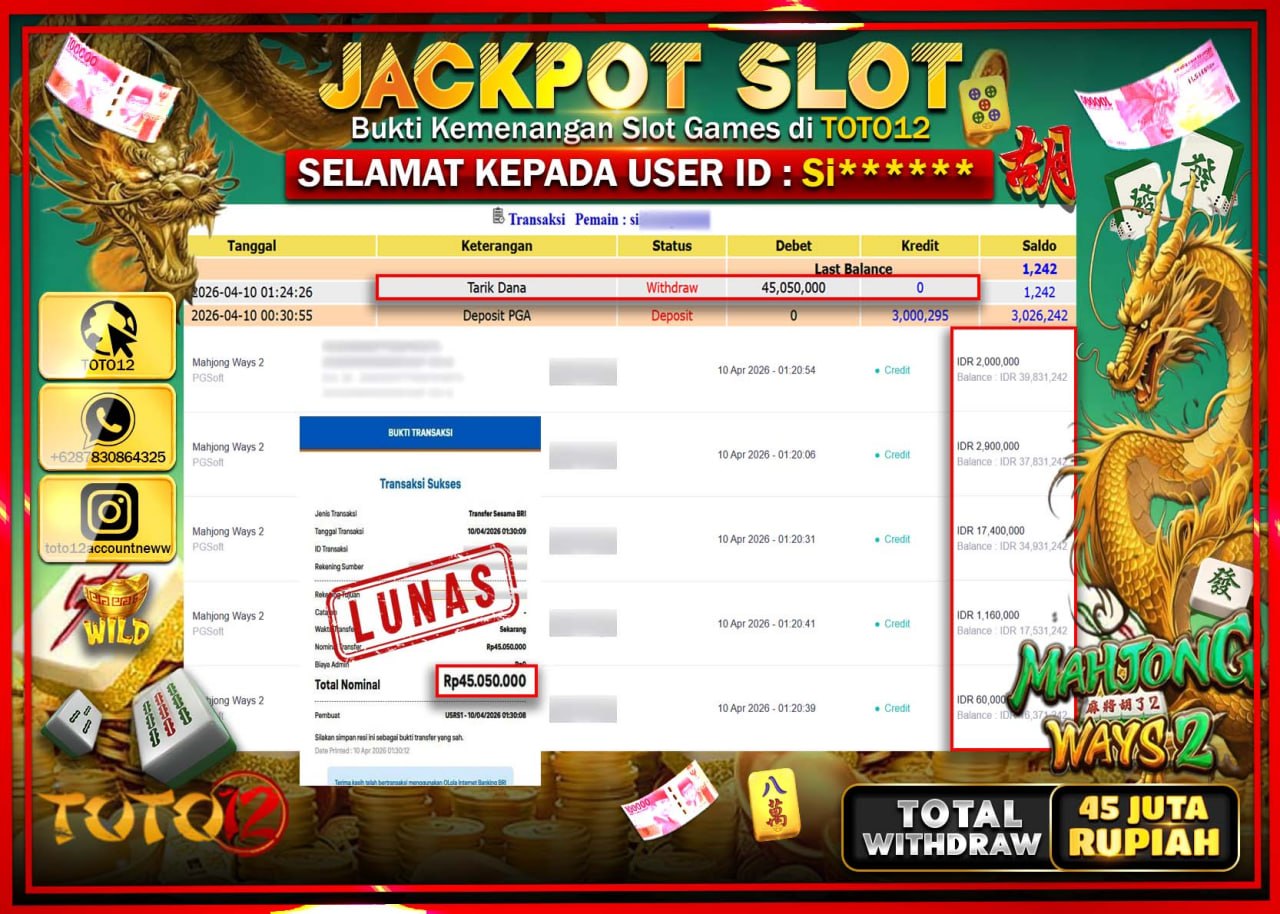 HANYA DI TOTO12 JP PASTI DI BAYAR LUNAS DAN CEPAT!!!!!! JACKPOT SLOT GAME (MAHJONG WAYS 2) Rp.45.050.000!!!!