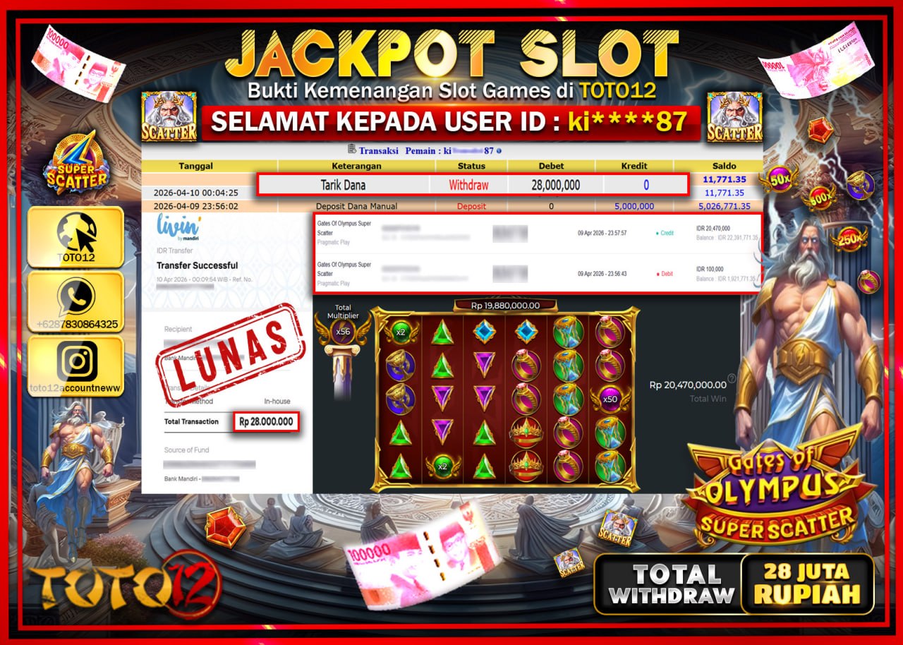 HANYA DI TOTO12 JP PASTI DI BAYAR LUNAS DAN CEPAT!!!!!! JACKPOT SLOT GAME (GATES OF OLYMPUS SUPER SCATTER) Rp.28.000.000!!!!