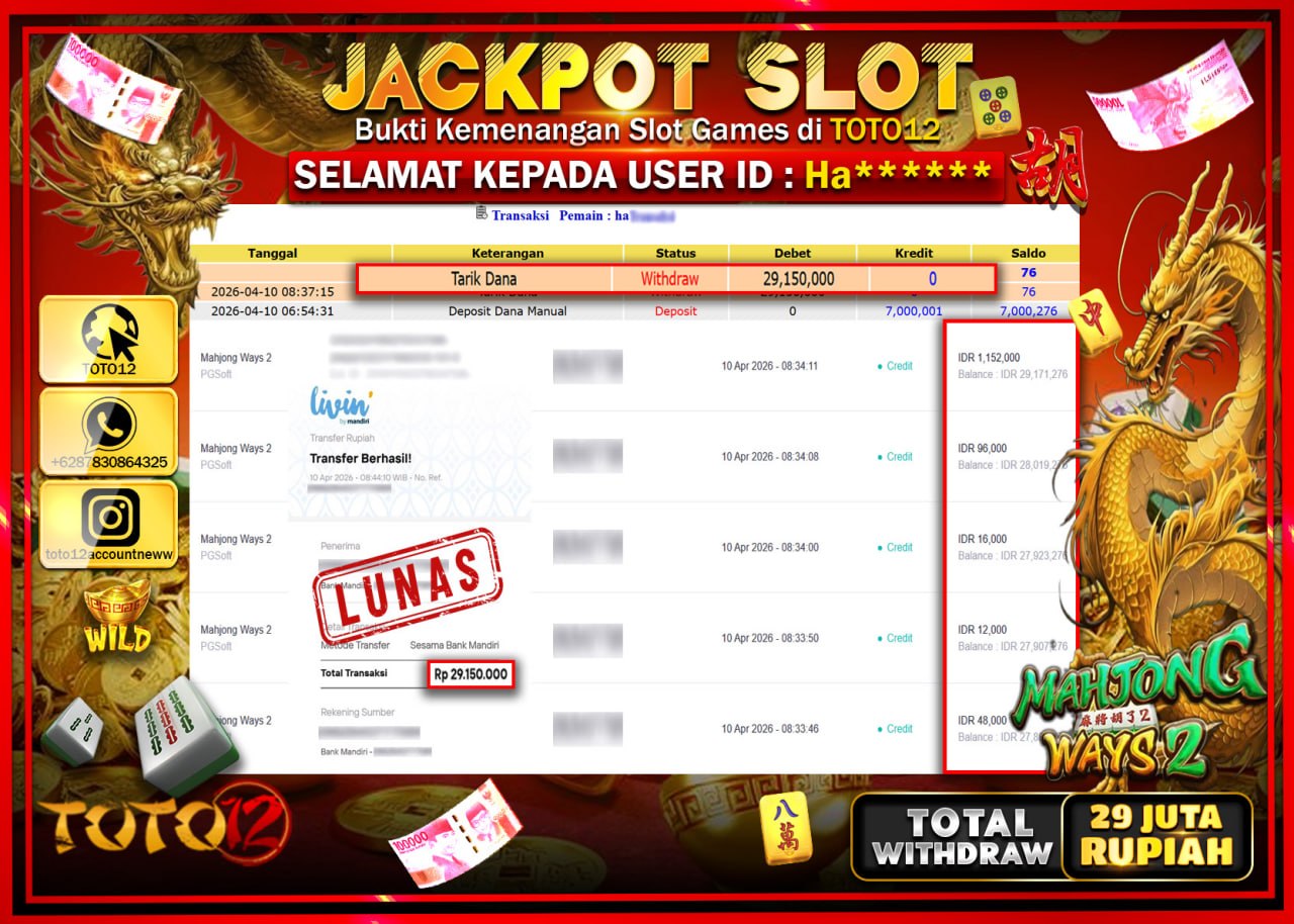 HANYA DI TOTO12 JP PASTI DI BAYAR LUNAS DAN CEPAT!!!!!! JACKPOT SLOT GAME (MAHJONG WAYS 2) Rp.29.150.000!!!!
