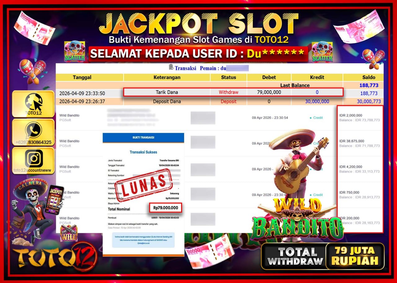 HANYA DI TOTO12 JP PASTI DI BAYAR LUNAS DAN CEPAT!!!!!! JACKPOT SLOT GAME (WILD BANDITO) Rp.79.000.000!!!!