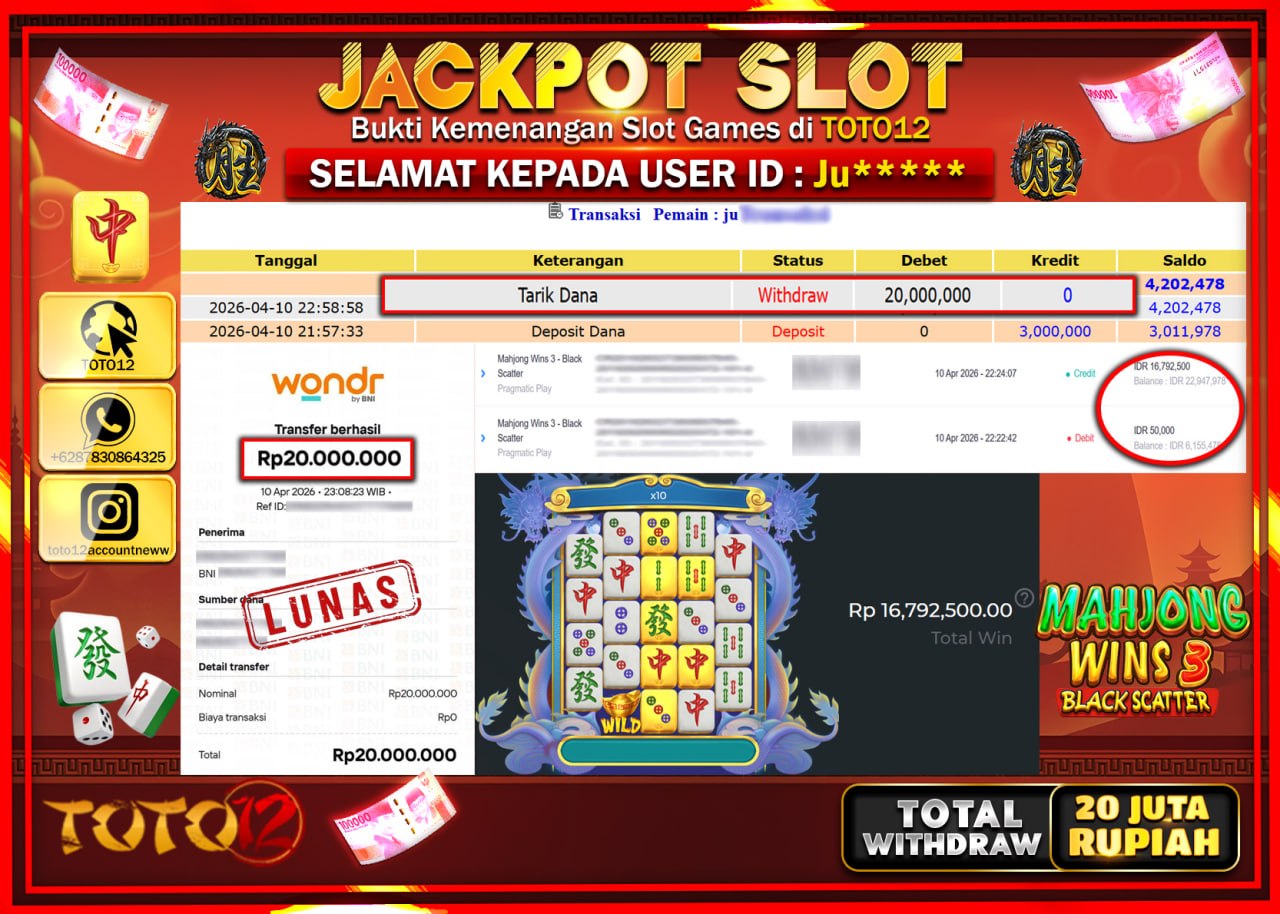 HANYA DI TOTO12 JP PASTI DI BAYAR LUNAS DAN CEPAT!!!!!! JACKPOT SLOT GAME (MAHJONG WINS 3 BLACK SCATTER) Rp.20.000.000!!!!