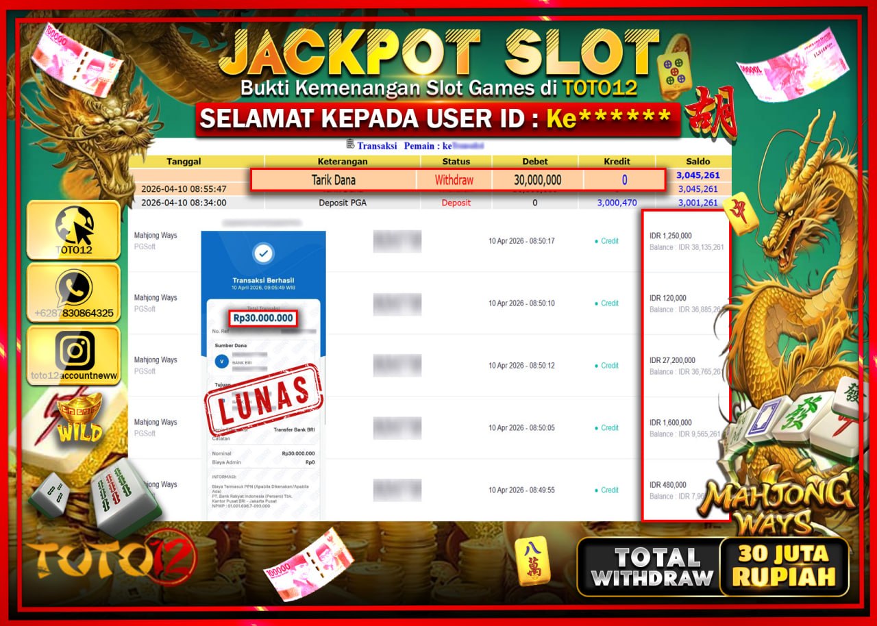 HANYA DI TOTO12 JP PASTI DI BAYAR LUNAS DAN CEPAT!!!!!! JACKPOT SLOT GAME (MAHJONG WAYS) Rp.30.000.000!!!!