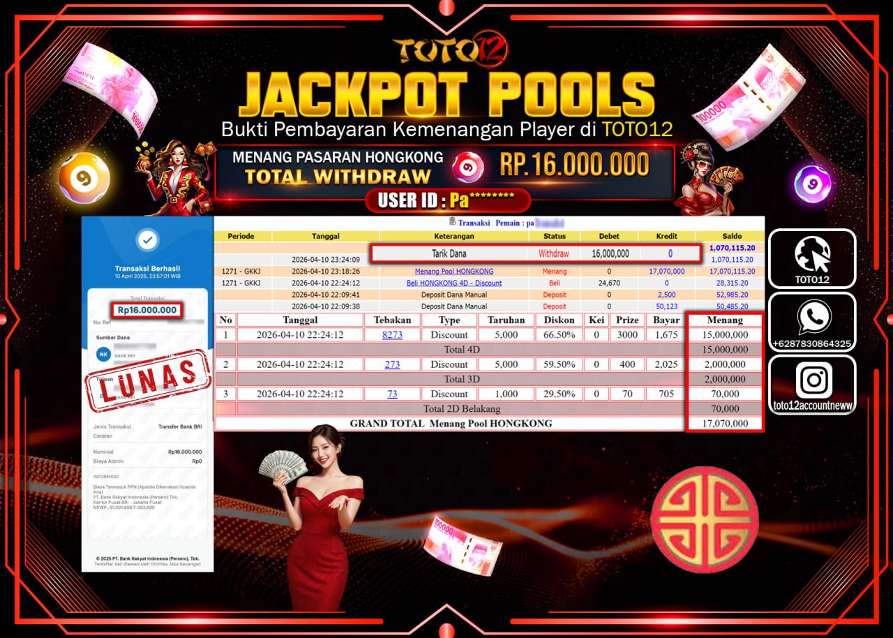 HANYA DI TOTO12 JP PASTI DI BAYAR LUNAS DAN CEPAT!!!!!! JACKPOT POOLS PASARAN( HONGKONG ) Rp.16.000.000!!!!