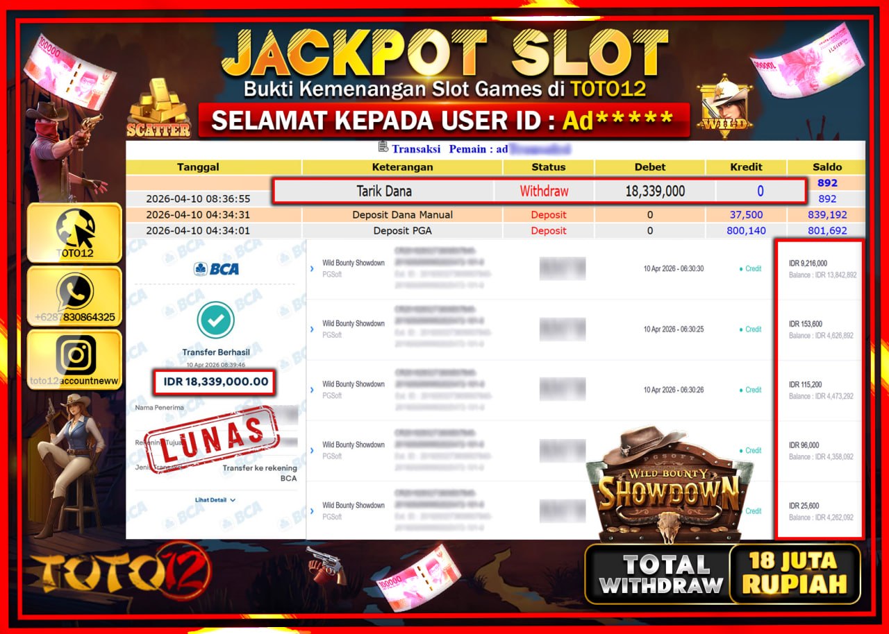 HANYA DI TOTO12 JP PASTI DI BAYAR LUNAS DAN CEPAT!!!!!! JACKPOT SLOT GAME (WILD BOUNTY SHOWDOWN) Rp.18.339.000!!!!