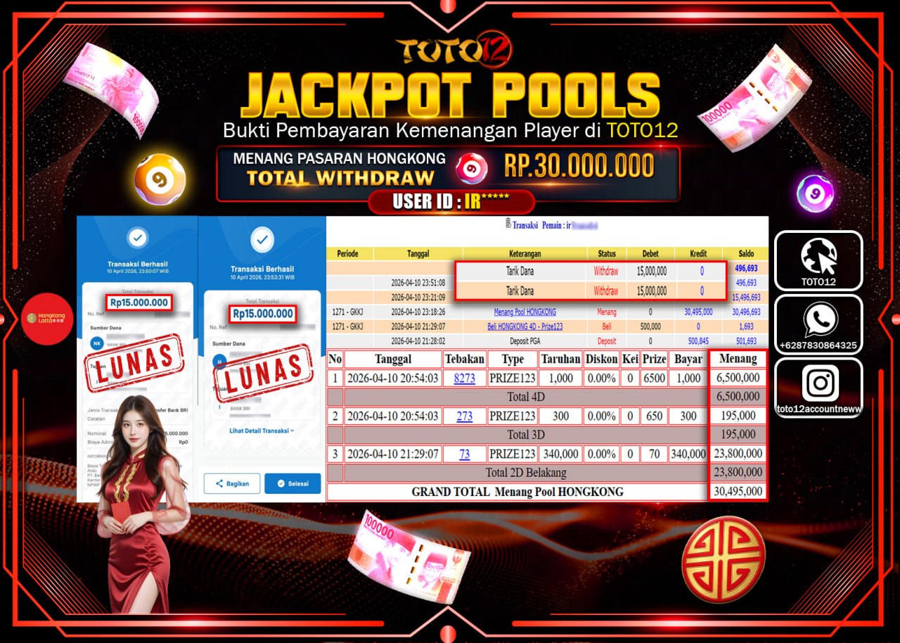 HANYA DI TOTO12 JP PASTI DI BAYAR LUNAS DAN CEPAT!!!!!! JACKPOT POOLS PASARAN( HONGKONG ) Rp.30.000.000!!!!