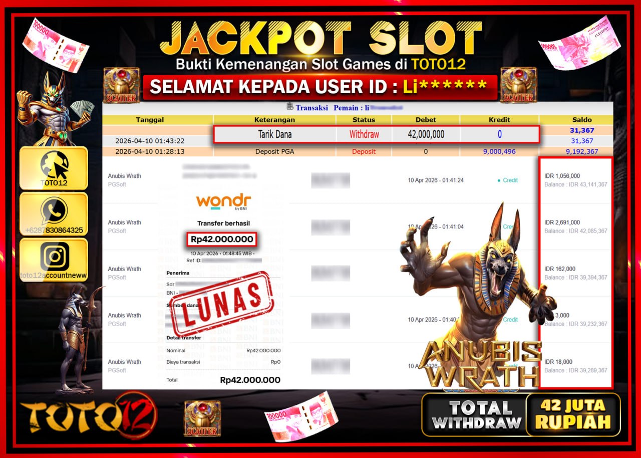 HANYA DI TOTO12 JP PASTI DI BAYAR LUNAS DAN CEPAT!!!!!! JACKPOT SLOT GAME (ANUBIS WARTH) Rp.42.000.000!!!!