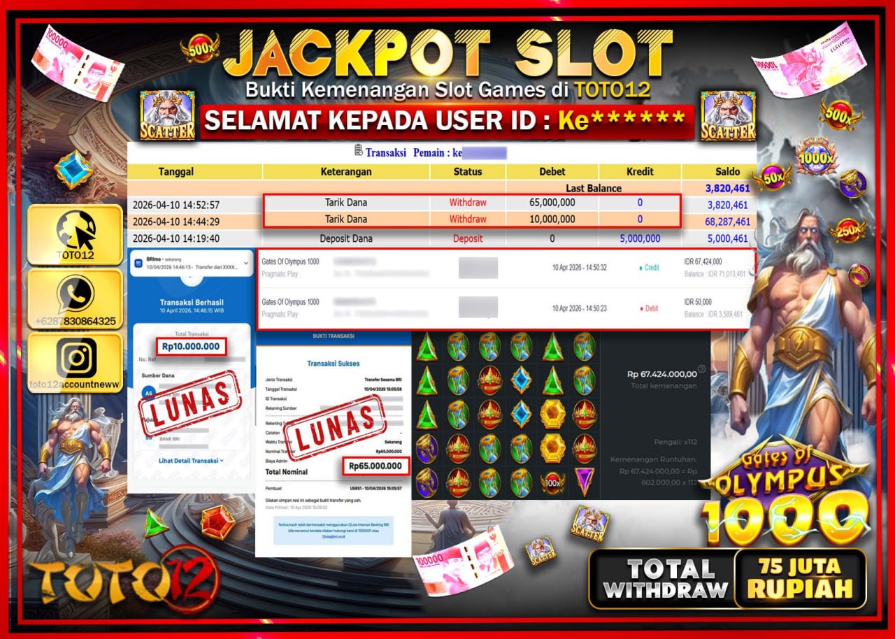HANYA DI TOTO12 JP PASTI DI BAYAR LUNAS DAN CEPAT!!!!!! JACKPOT SLOT GAME (GATES OF OLYMPUS 1000) Rp.75.000.000!!!!