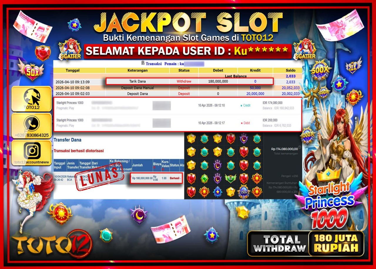 HANYA DI TOTO12 JP PASTI DI BAYAR LUNAS DAN CEPAT!!!!!! JACKPOT SLOT GAME (STARLIGHT PRINCESS 1000) Rp.180.000.000!!!!
