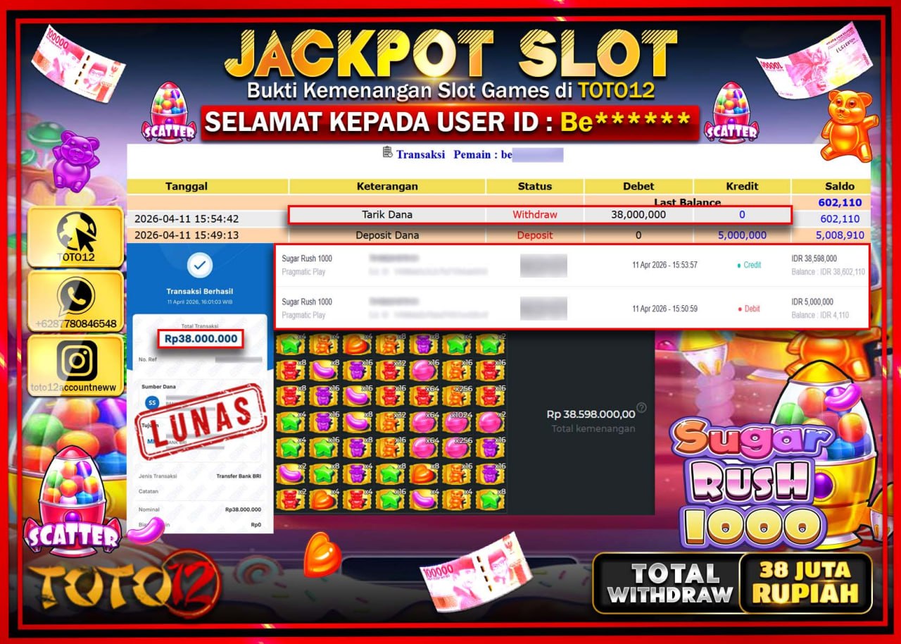 HANYA DI TOTO12 JP PASTI DI BAYAR LUNAS DAN CEPAT!!!!!! JACKPOT SLOT GAME (SUGAR RUSH 1000) Rp.38.000.000!!!!