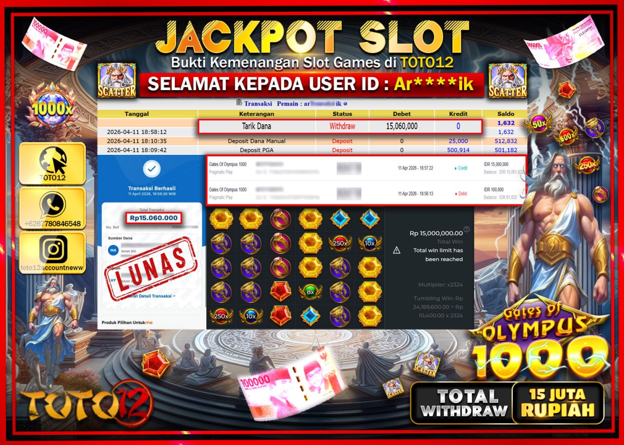 HANYA DI TOTO12 JP PASTI DI BAYAR LUNAS DAN CEPAT!!!!!! JACKPOT SLOT GAME (GATES OF OLYMPUS 1000) Rp.15.060.000!!!!