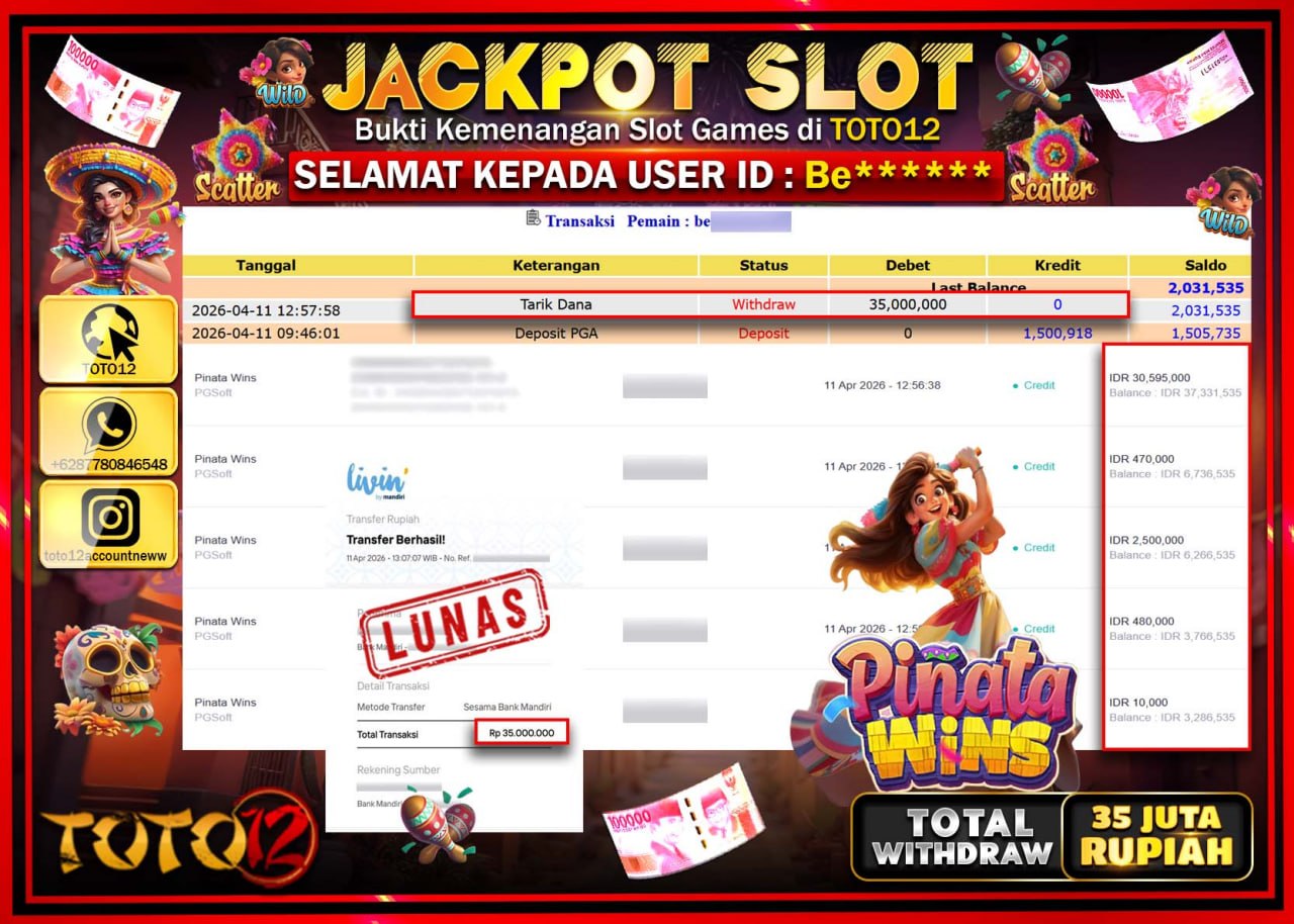 HANYA DI TOTO12 JP PASTI DI BAYAR LUNAS DAN CEPAT!!!!!! JACKPOT SLOT GAME (PINATA WINS) Rp.35.000.000!!!!