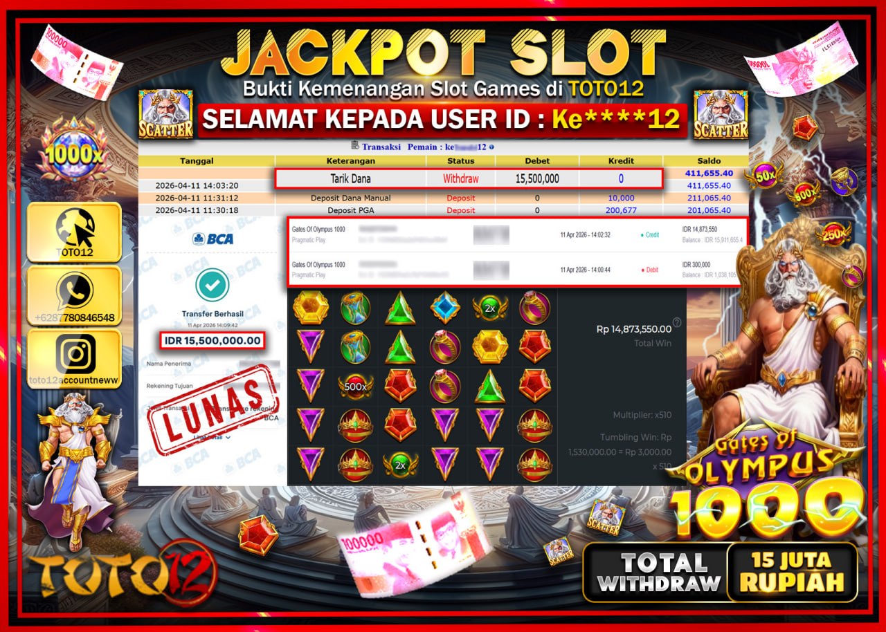 HANYA DI TOTO12 JP PASTI DI BAYAR LUNAS DAN CEPAT!!!!!! JACKPOT SLOT GAME (GATES OF OLYMPUS 1000) Rp.15.500.000!!!!