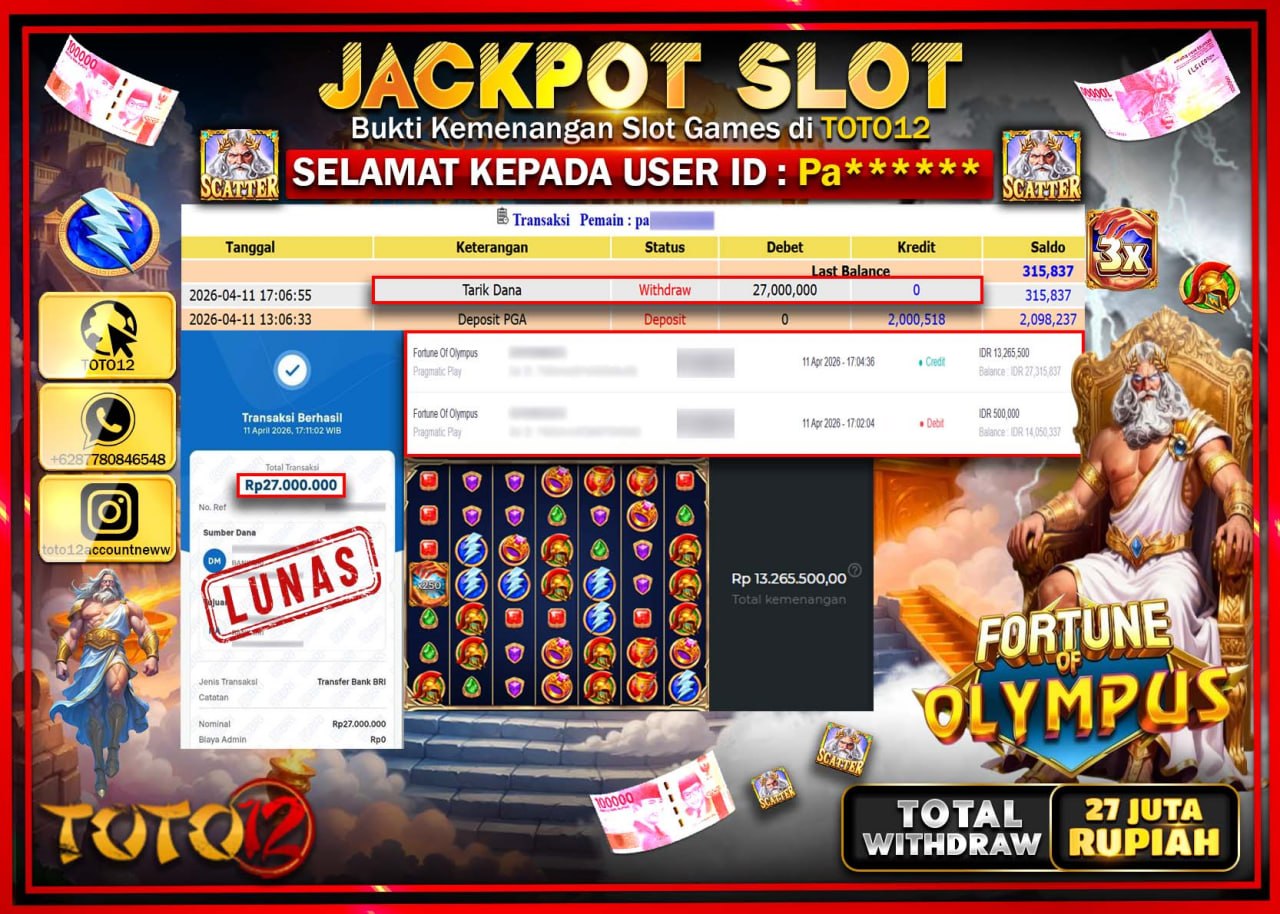 HANYA DI TOTO12 JP PASTI DI BAYAR LUNAS DAN CEPAT!!!!!! JACKPOT SLOT GAME (FORTUNE OF OLYMPUS) Rp.27.000.000!!!!