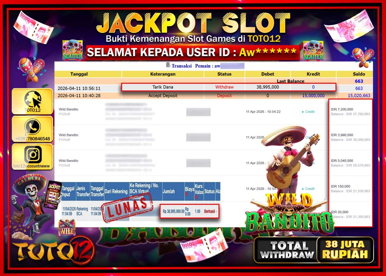 HANYA DI TOTO12 JP PASTI DI BAYAR LUNAS DAN CEPAT!!!!!! JACKPOT SLOT GAME (WILD BANDITO) Rp.38.995.000!!!!