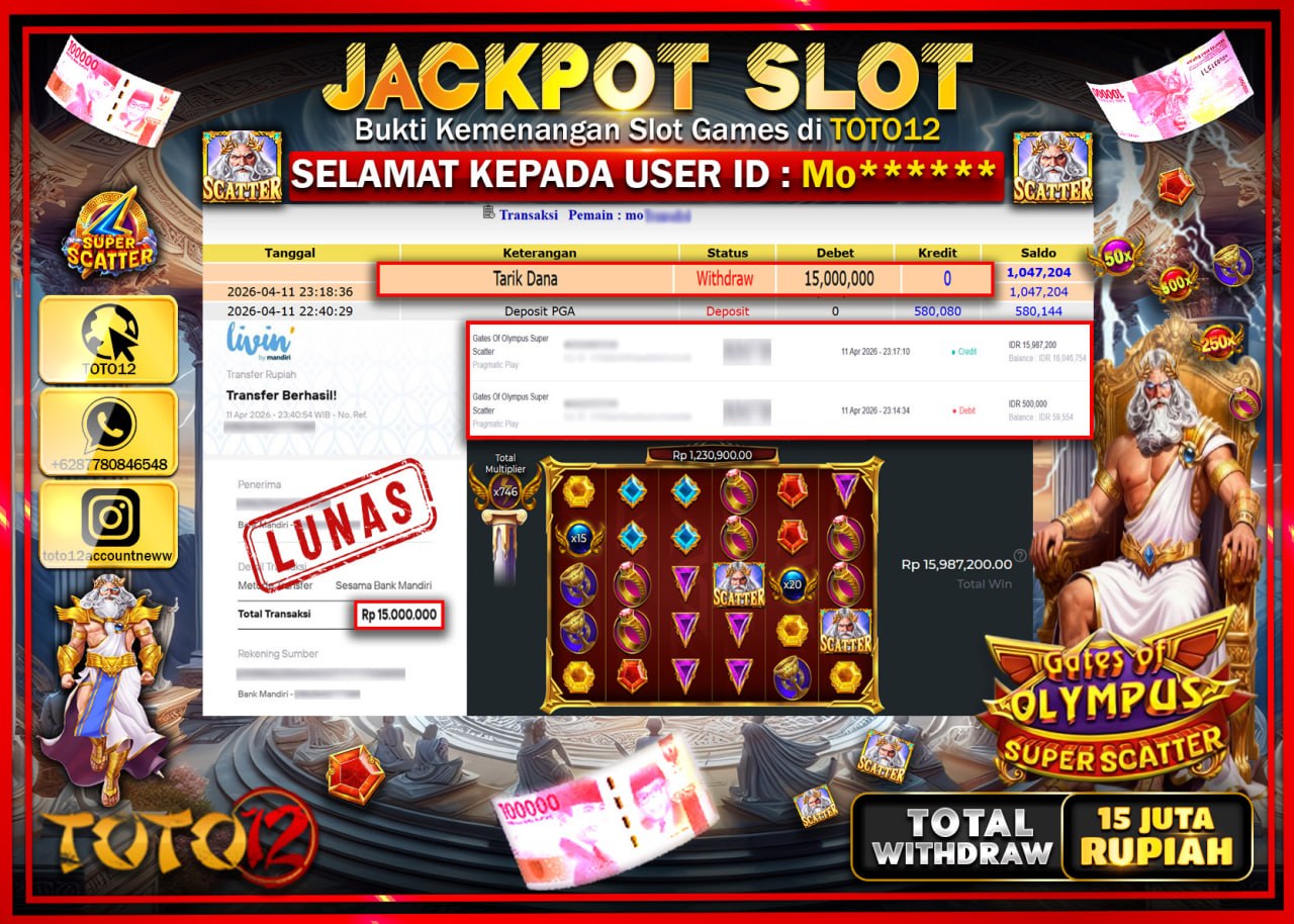 HANYA DI TOTO12 JP PASTI DI BAYAR LUNAS DAN CEPAT!!!!!! JACKPOT SLOT GAME (GATES OF OLYMPU SUPERS CATTER) Rp.15.000.000!!!!