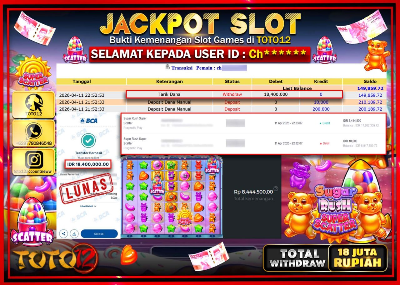 HANYA DI TOTO12 JP PASTI DI BAYAR LUNAS DAN CEPAT!!!!!! JACKPOT SLOT GAME (SUGAR RUSH SUPER SCATTER) Rp.18.400.000!!!!