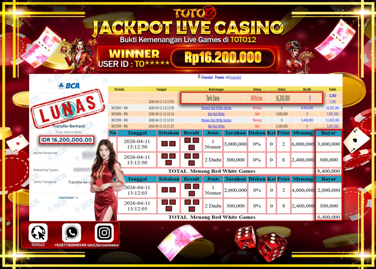 HANYA DI TOTO12 JP PASTI DI BAYAR LUNAS DAN CEPAT!!!!!! JACKPOT LIVE GAMES CASINO (RED WHITE) Rp.16.200.000!!!!