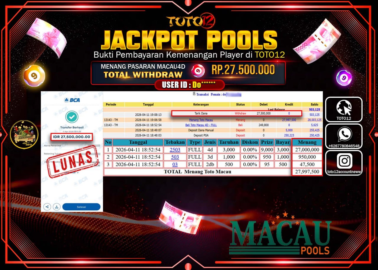 HANYA DI TOTO12 JP PASTI DI BAYAR LUNAS DAN CEPAT!!!!!! JACKPOT POOLS PASARAN(MACAU 4D) Rp.27.500.000!!!!