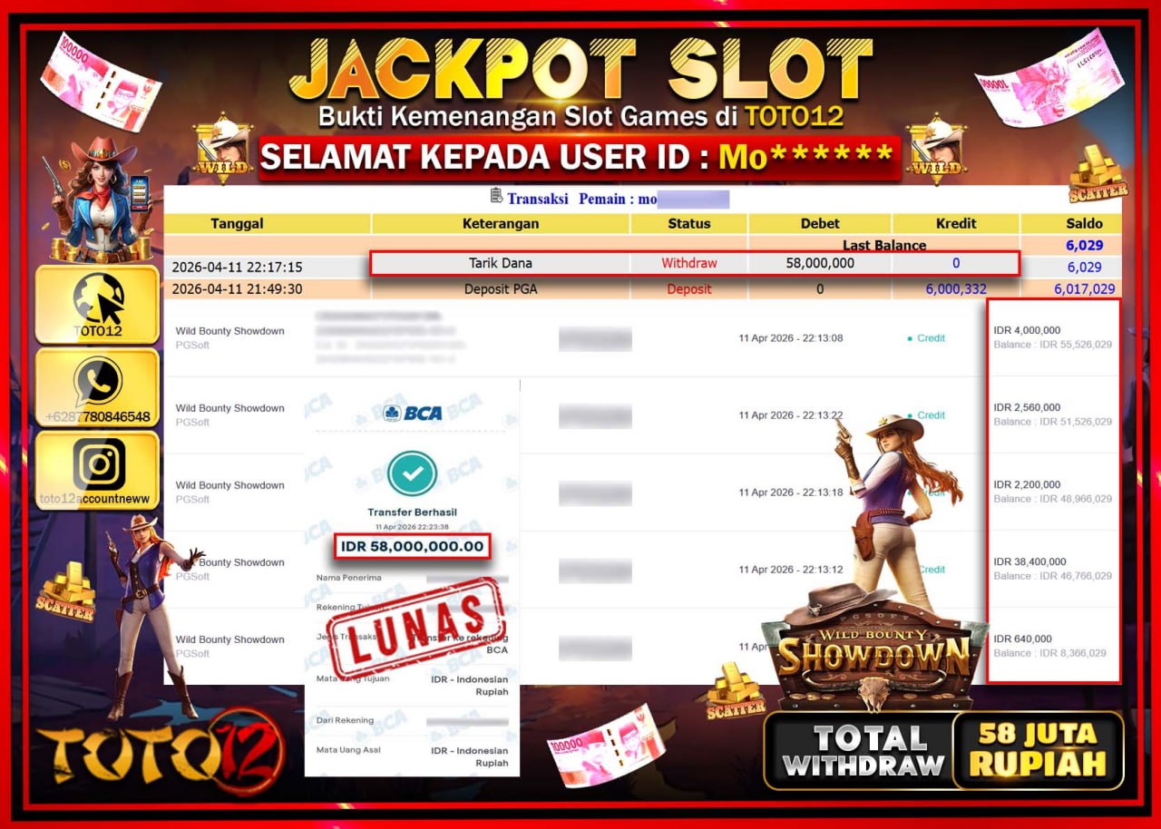 HANYA DI TOTO12 JP PASTI DI BAYAR LUNAS DAN CEPAT!!!!!! JACKPOT SLOT GAME (WILD BOUNTY SHOWDOWN) Rp.58.000.000!!!!
