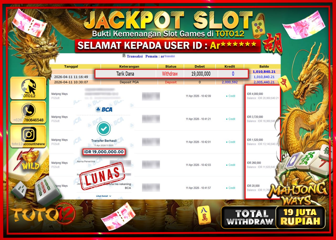 HANYA DI TOTO12 JP PASTI DI BAYAR LUNAS DAN CEPAT!!!!!! JACKPOT SLOT GAME (MAHJONG WAYS) Rp.19.000.000!!!!