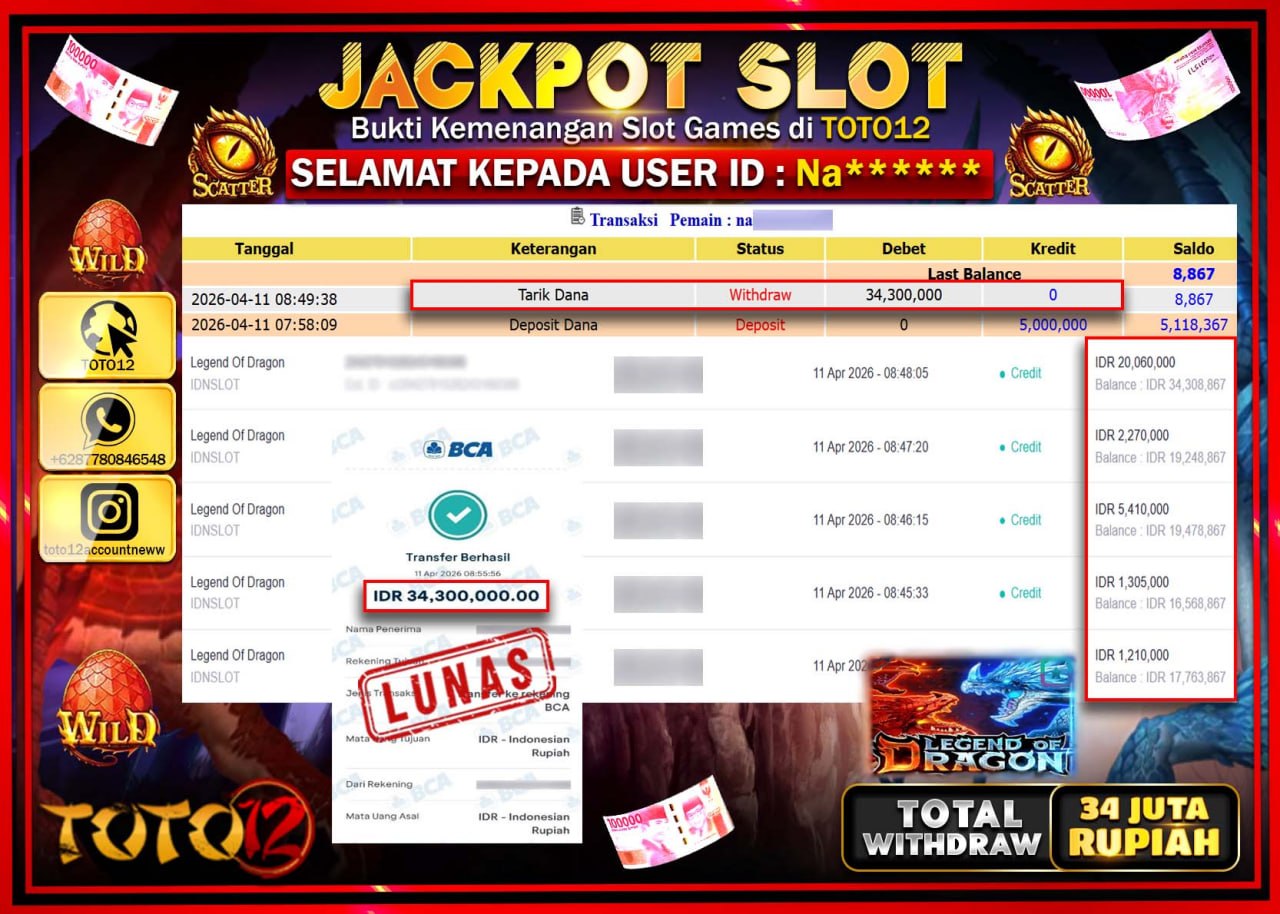 HANYA DI TOTO12 JP PASTI DI BAYAR LUNAS DAN CEPAT!!!!!! JACKPOT SLOT GAME (LEGEND OF DRAGON) Rp.34.300.000!!!!