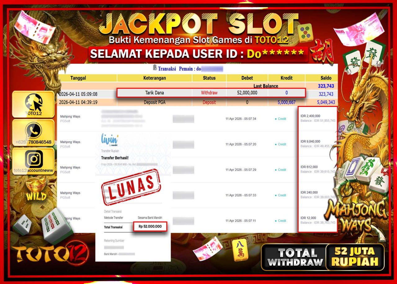 HANYA DI TOTO12 JP PASTI DI BAYAR LUNAS DAN CEPAT!!!!!! JACKPOT SLOT GAME (MAHJONG WAYS) Rp.52.000.000!!!!