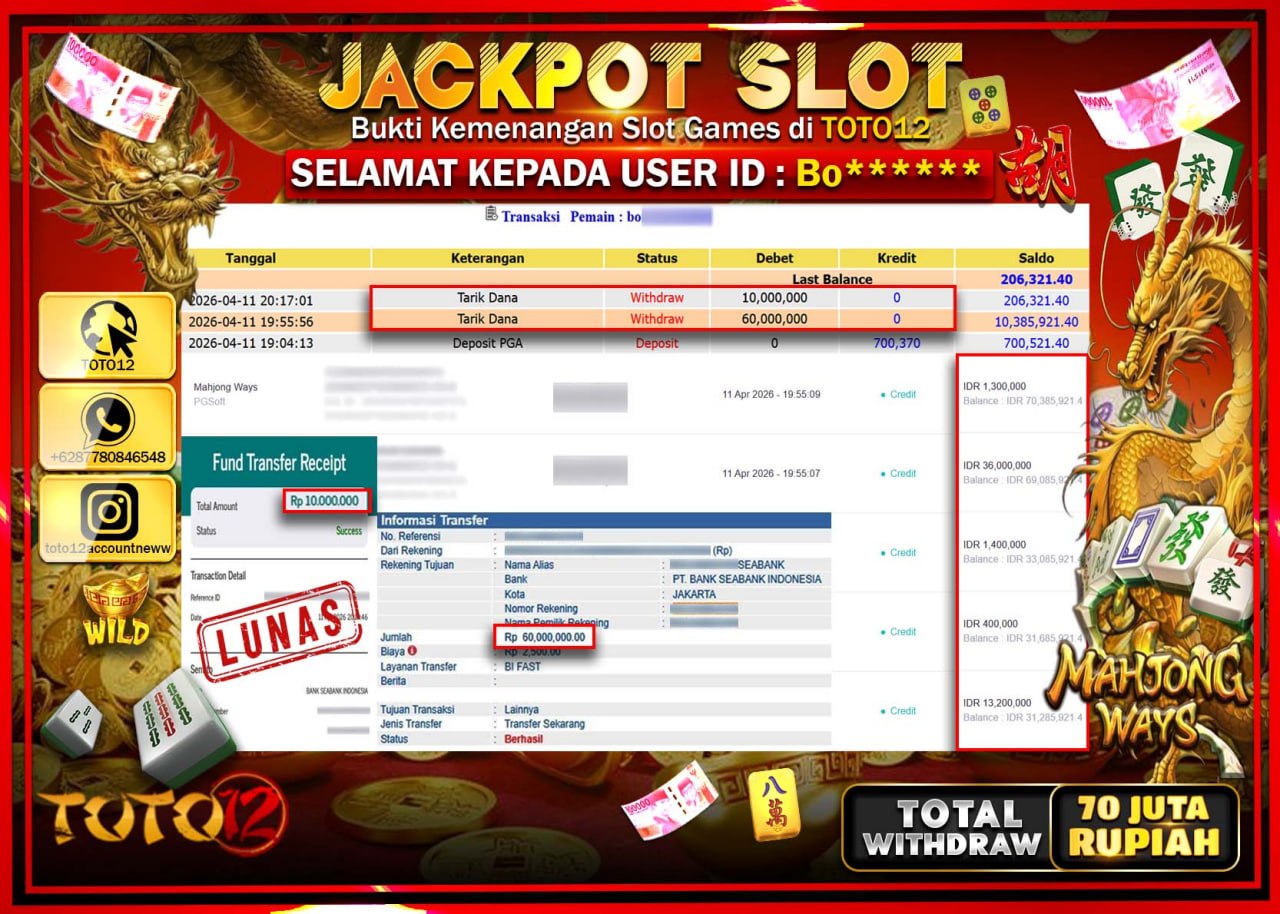HANYA DI TOTO12 JP PASTI DI BAYAR LUNAS DAN CEPAT!!!!!! JACKPOT SLOT GAME (MAHJONG WAYS) Rp.70.000.000!!!!