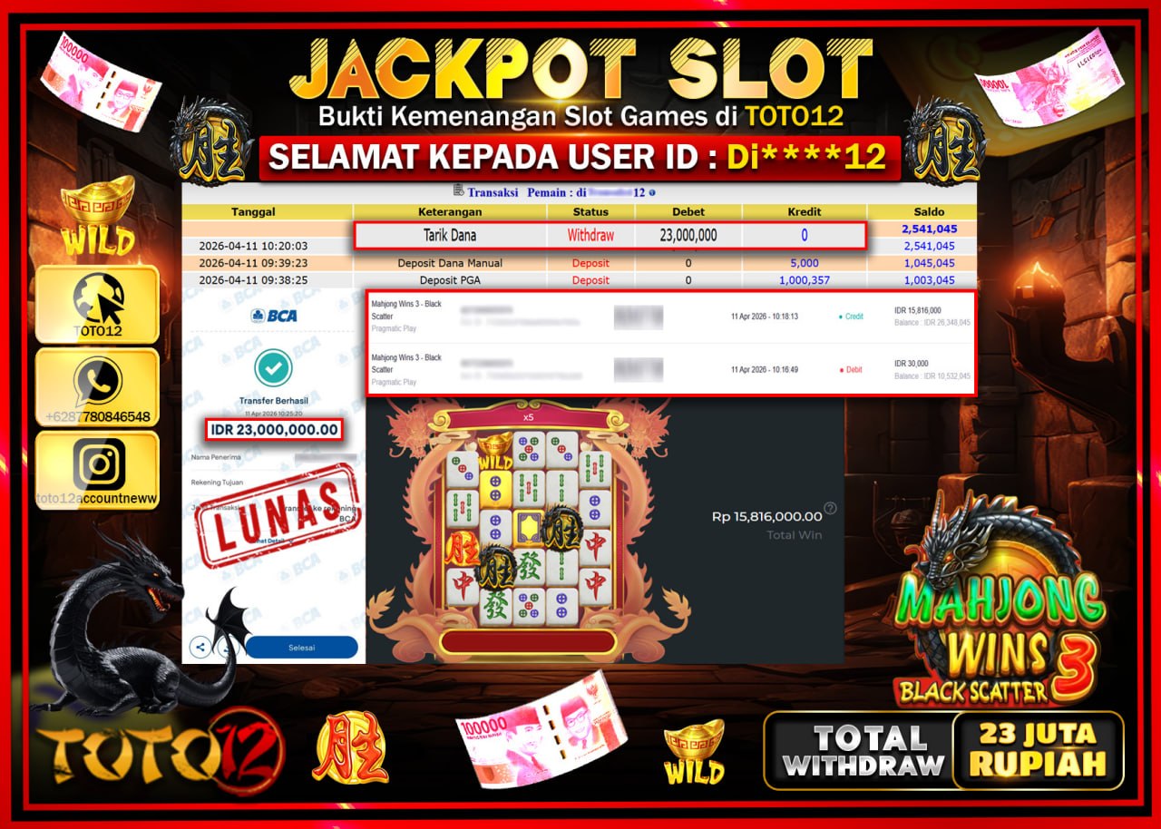 HANYA DI TOTO12 JP PASTI DI BAYAR LUNAS DAN CEPAT!!!!!! JACKPOT SLOT GAME (MAHJONG WINS 3 BLACK SCATTER) Rp.23.000.000!!!!