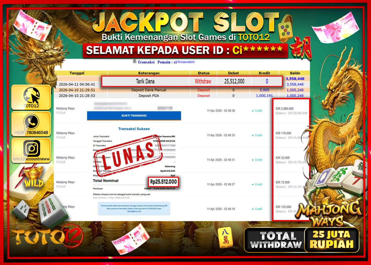HANYA DI TOTO12 JP PASTI DI BAYAR LUNAS DAN CEPAT!!!!!! JACKPOT SLOT GAME (MAHJONG WAYS) Rp.25.512.000!!!!