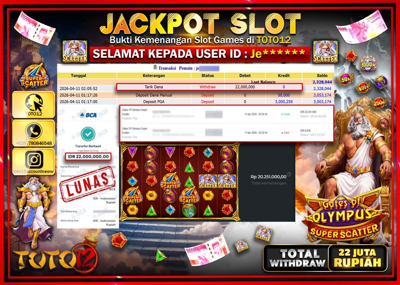 HANYA DI TOTO12 JP PASTI DI BAYAR LUNAS DAN CEPAT!!!!!! JACKPOT SLOT GAME (GATES OF OLYMPUS SUPER SCATTER) Rp.22.000.000!!!!