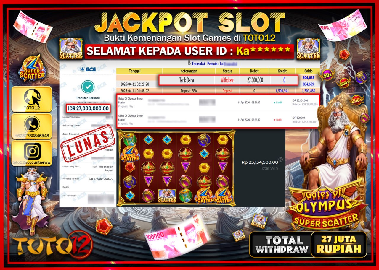 HANYA DI TOTO12 JP PASTI DI BAYAR LUNAS DAN CEPAT!!!!!! JACKPOT SLOT GAME (GATES OF OLYMPUS SUPER SCATTER) Rp.27.000.000!!!!