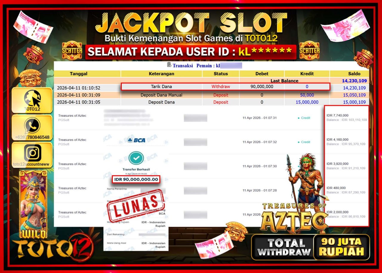 HANYA DI TOTO12 JP PASTI DI BAYAR LUNAS DAN CEPAT!!!!!! JACKPOT SLOT GAME (TREASURES OF AZTEC) Rp.90.000.000!!!!