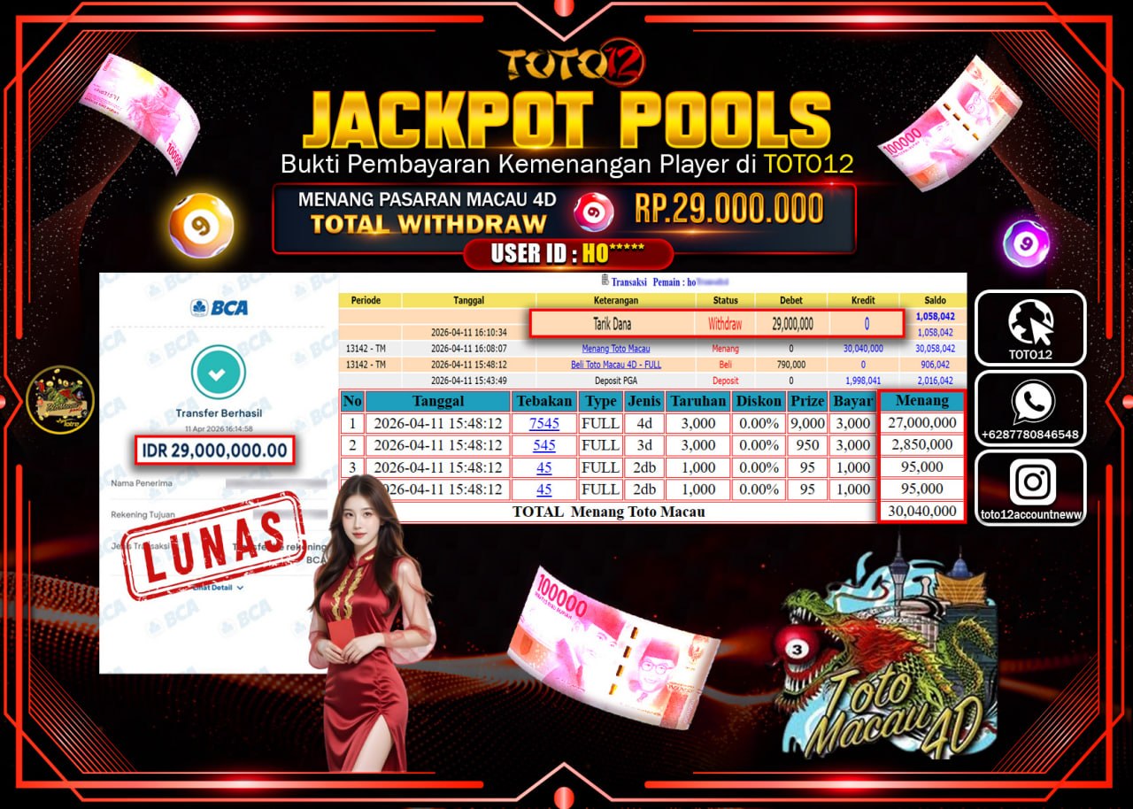 HANYA DI TOTO12 JP PASTI DI BAYAR LUNAS DAN CEPAT!!!!!! JACKPOT POOLS PASARAN(MACAU 4D) Rp.29.000.000!!!!
