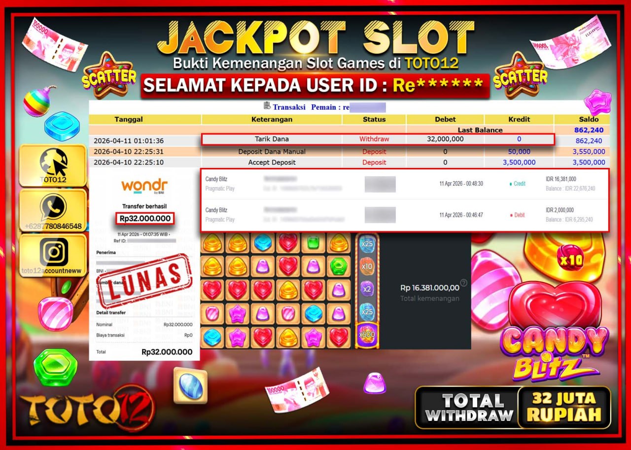 HANYA DI TOTO12 JP PASTI DI BAYAR LUNAS DAN CEPAT!!!!!! JACKPOT SLOT GAME (CANDY BLITZ) Rp.32.000.000!!!!